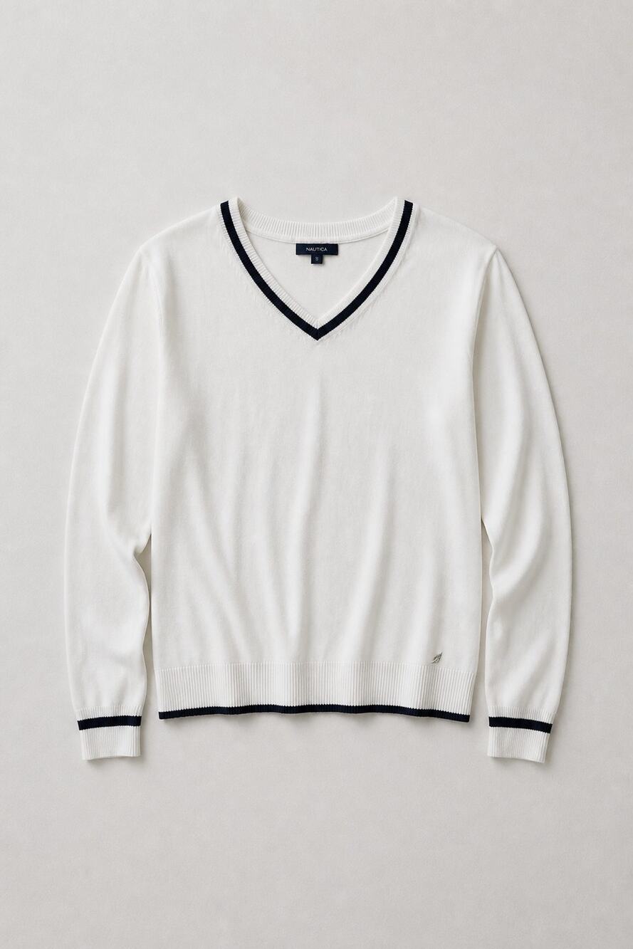 Nautica White V-Neck Sweater, Size M Long Sleeve, Pullover